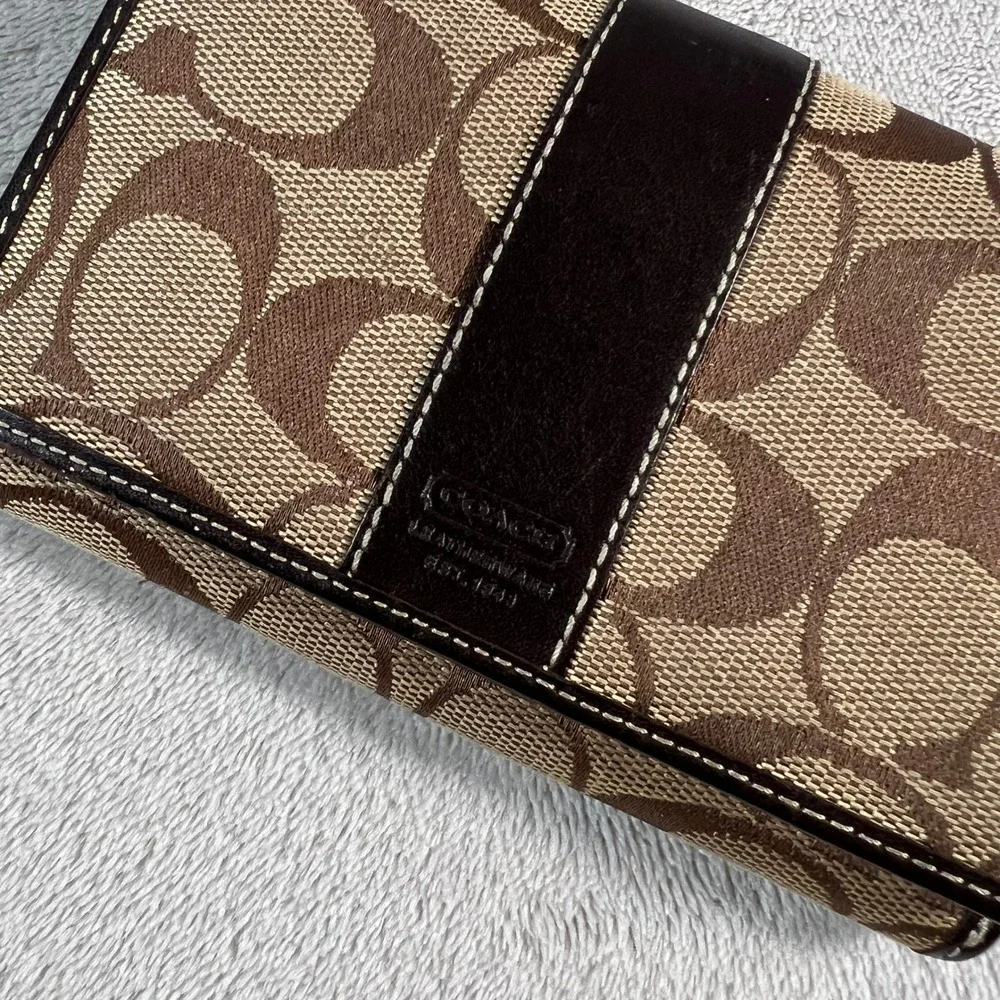 Coach Signature Jacquard Medium Wallet Brown Leather Trim Zip Pocket 5.5x4
